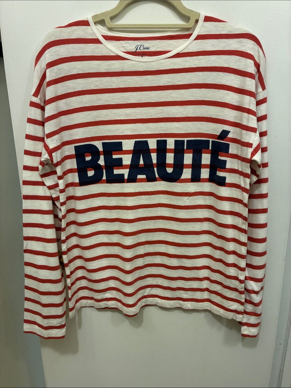 J. Crew Women’s Red & White Striped Long-Sleeve Top with Navy 'BEAUTÉ' Print